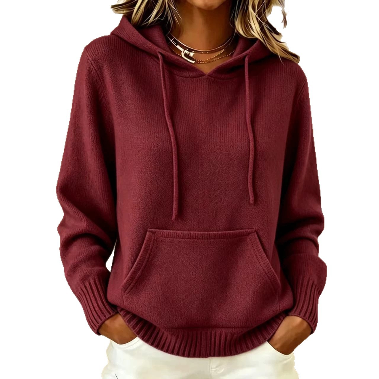 Women's Knit Hooded Pullover Sweater with Pockets Solid Color Casual
