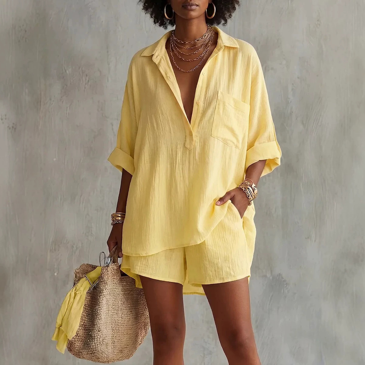 Women's Cotton-Linen Two-Piece Set with Pockets Casual Summer Outfit