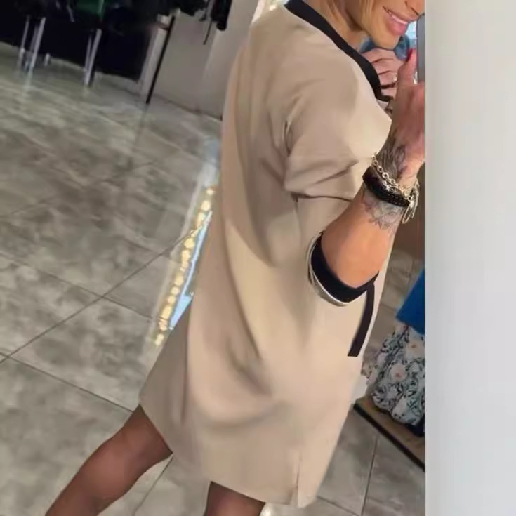 V-Neck Zip Midi A-Line Dress with Three-Quarter Sleeves