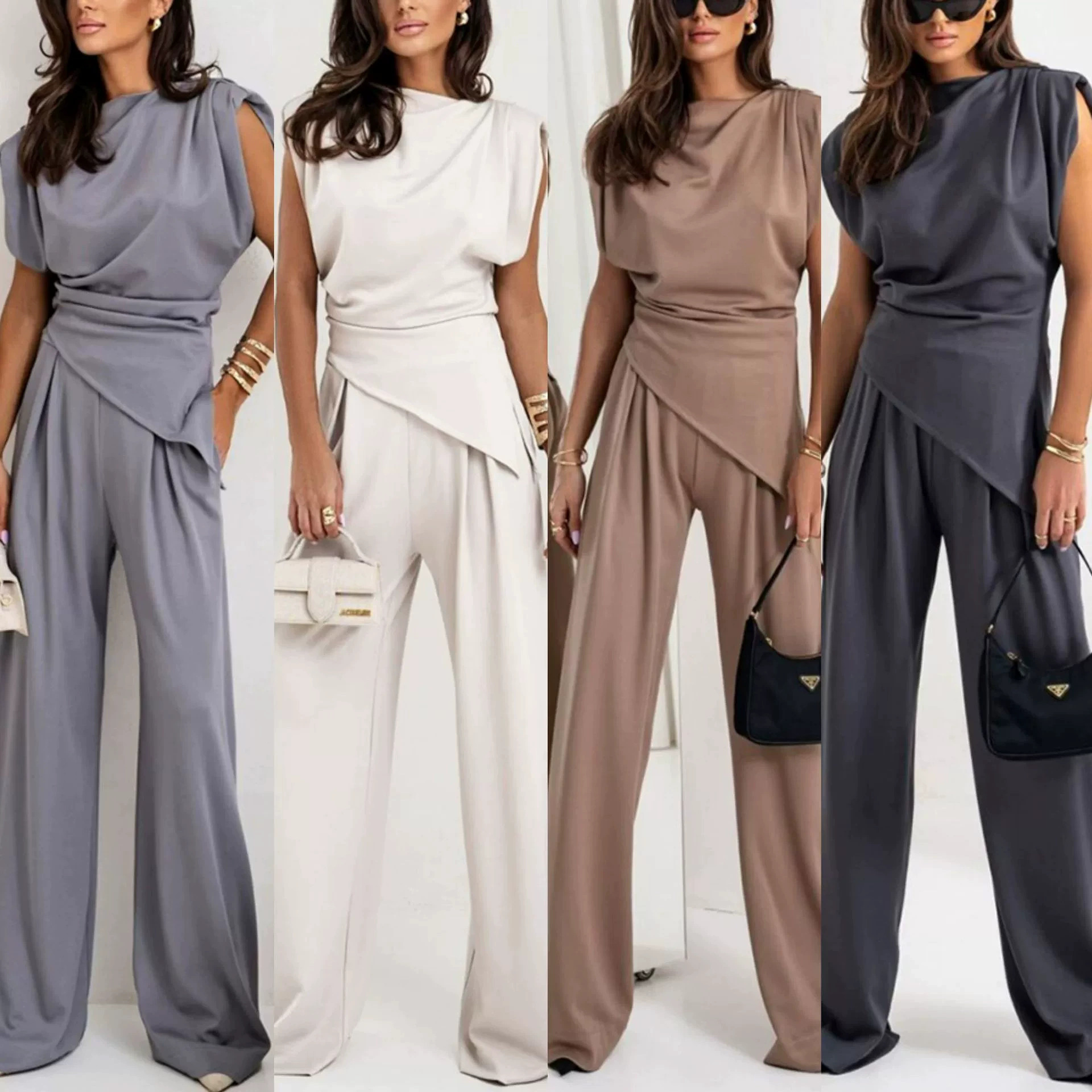 Women's Solid Color Asymmetrical Short Sleeve Two-Piece Set