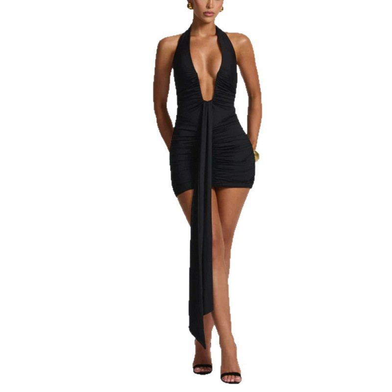 Women's Halter Deep V-Neck Backless Ruched Bodycon Mini Dress
