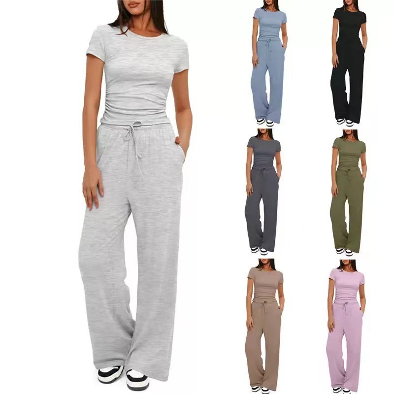 Women's Ruched Short Sleeve Top and Wide Leg Pants Two-Piece Set
