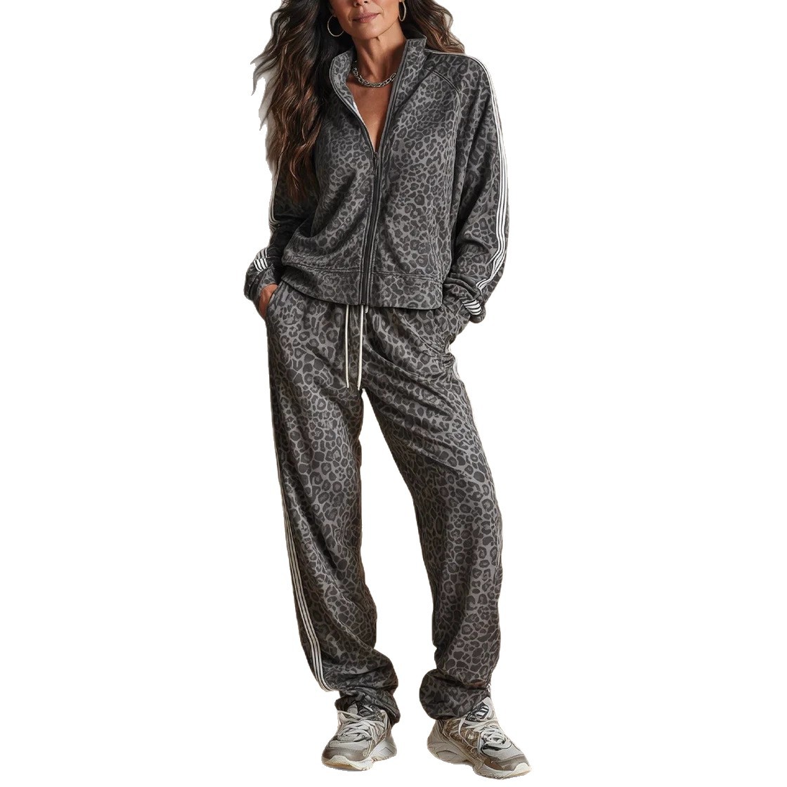 Leopard Print Colorblock Zip-Up Hoodie and Pants Two-Piece Set