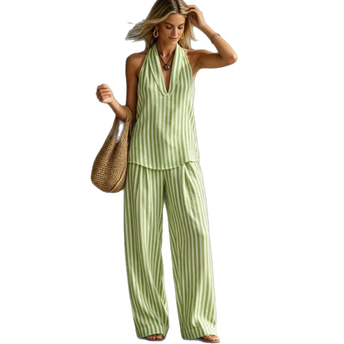 Women's Cotton-Linen Striped Wide-Leg Pants and Halter Top Set