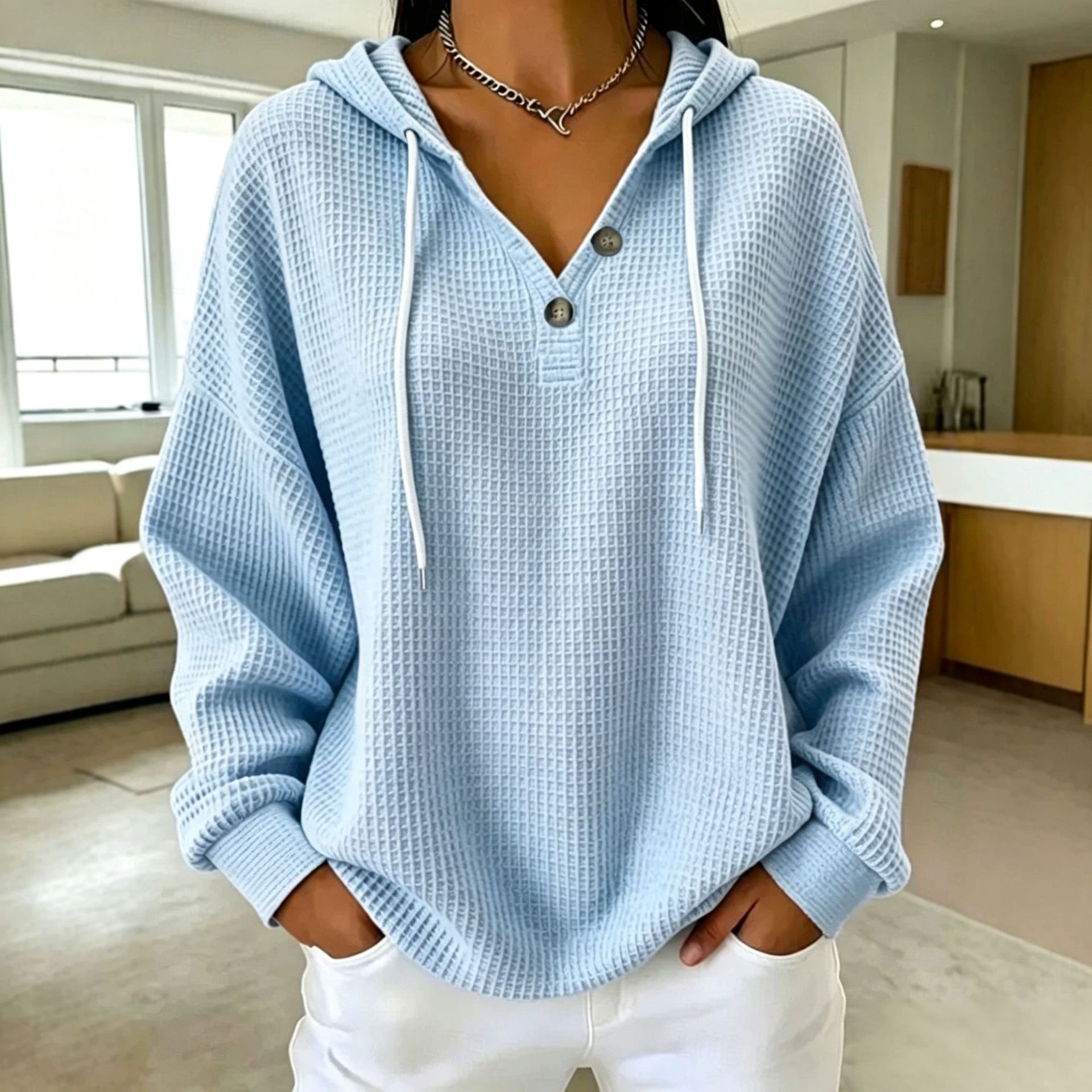 Women's Waffle Knit Drawstring Hoodie Oversized Pullover