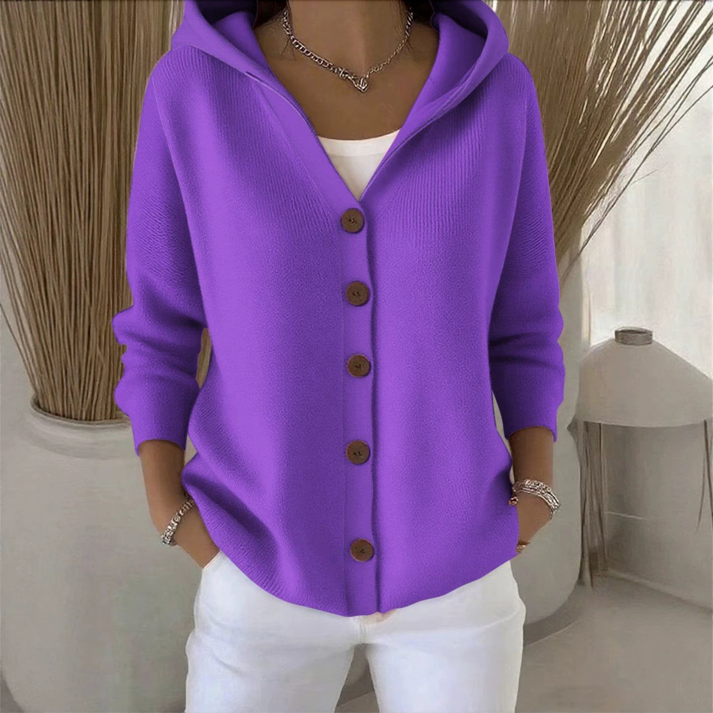 Women's Hooded Knit Cardigan Sweater, Solid Color Casual Long Sleeve