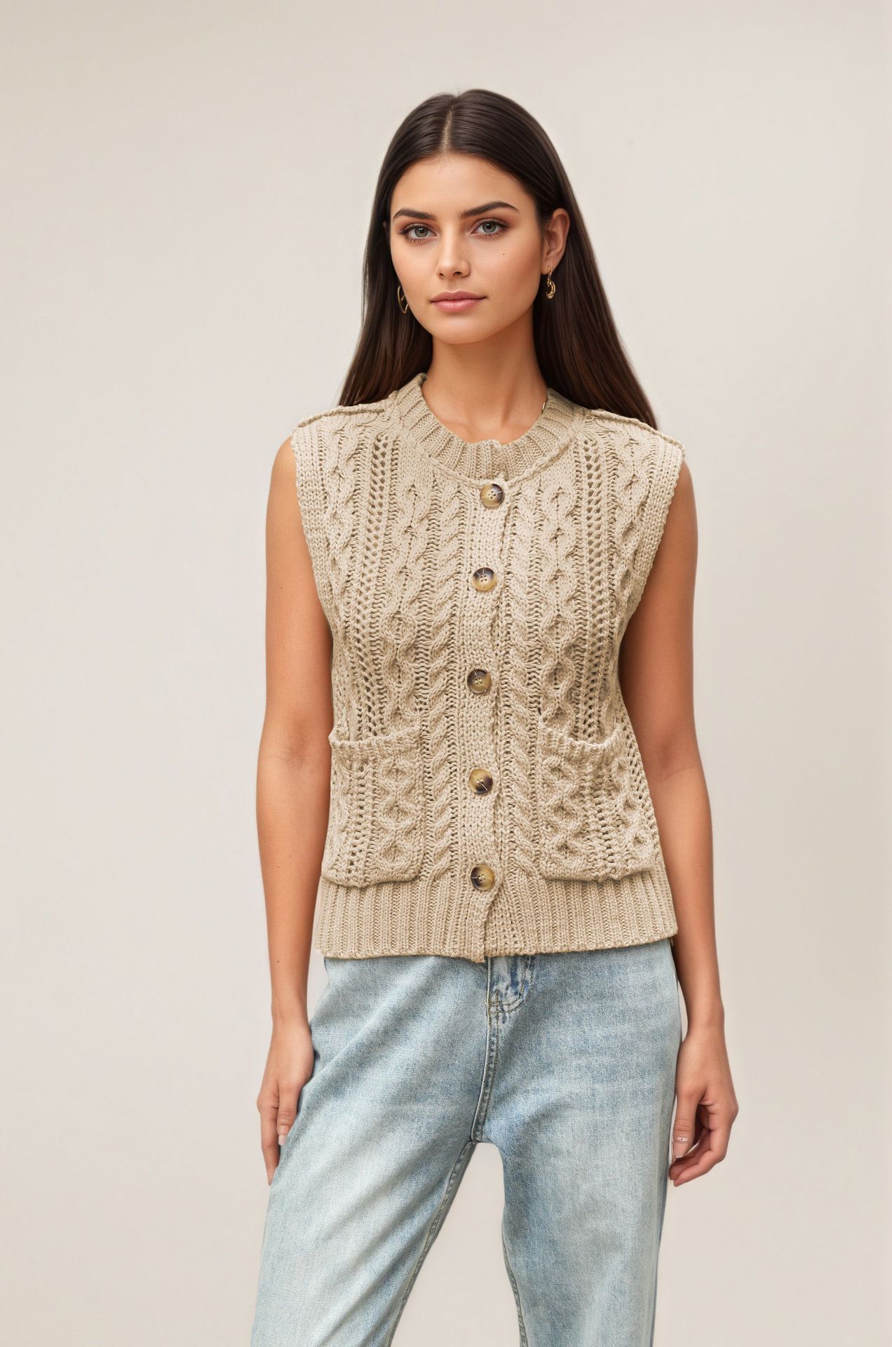 Women's Sleeveless Round Neck Pocket Knit Cardigan Vest