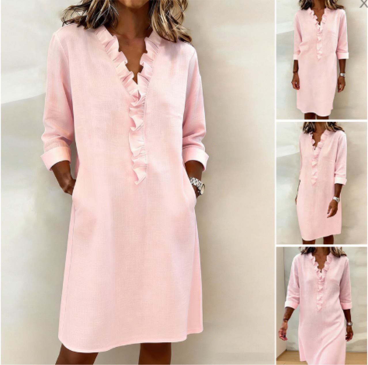 Women's Solid Color Shirt Dress with Ruffle Collar, A-Line Midi