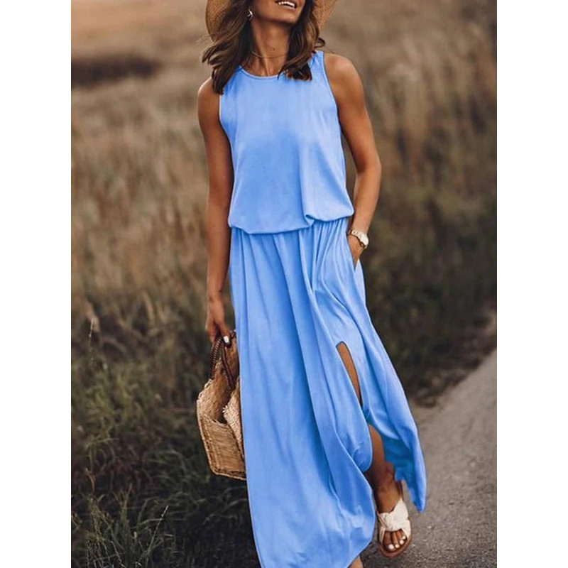Women's Sleeveless Round Neck Split Long Dress Solid Color