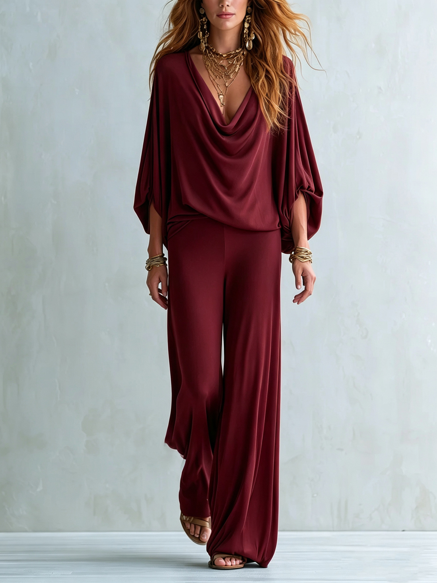Bohemian Solid Color Cowl Neck Batwing Sleeve Top and Wide-Leg Pants Set