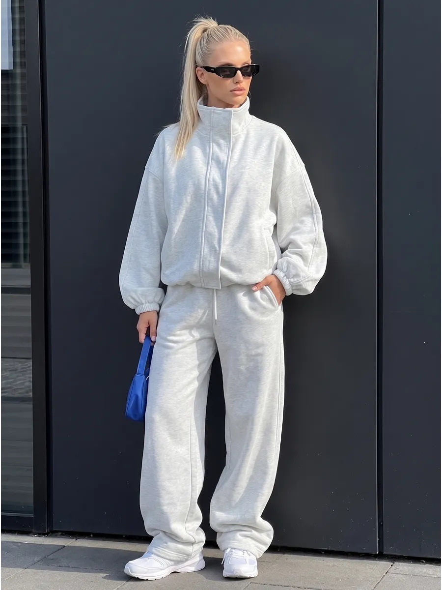 Women's Full-Zip Tracksuit Set with Waist-Cinching Jacket and Wide-Leg Pants