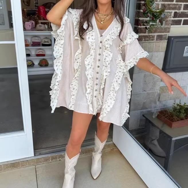 V-Neck Short Sleeve Patchwork Digital Print Shirt Dress