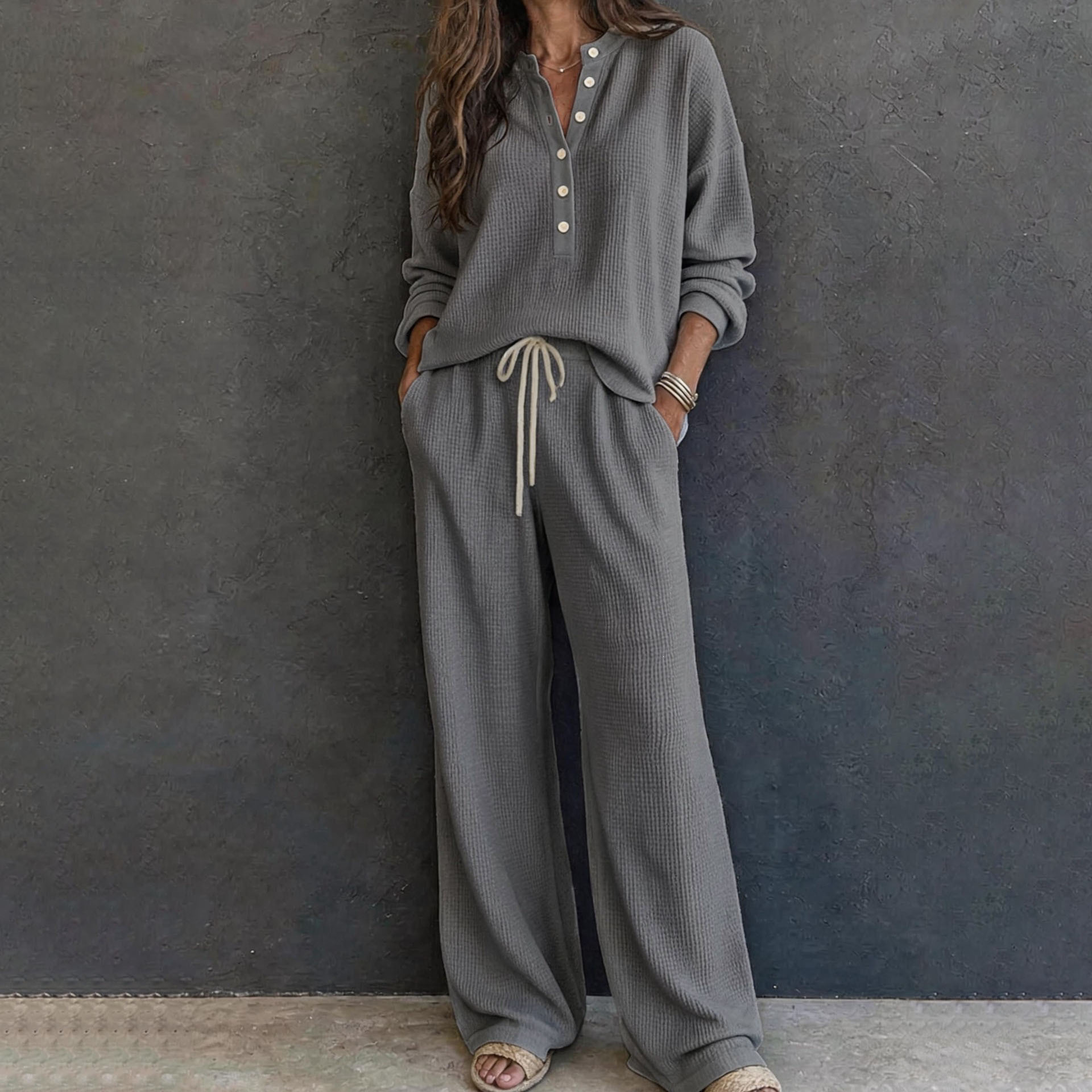 Women's Waffle Knit Long Sleeve Shirt and Pants Set Solid Color Loungewear