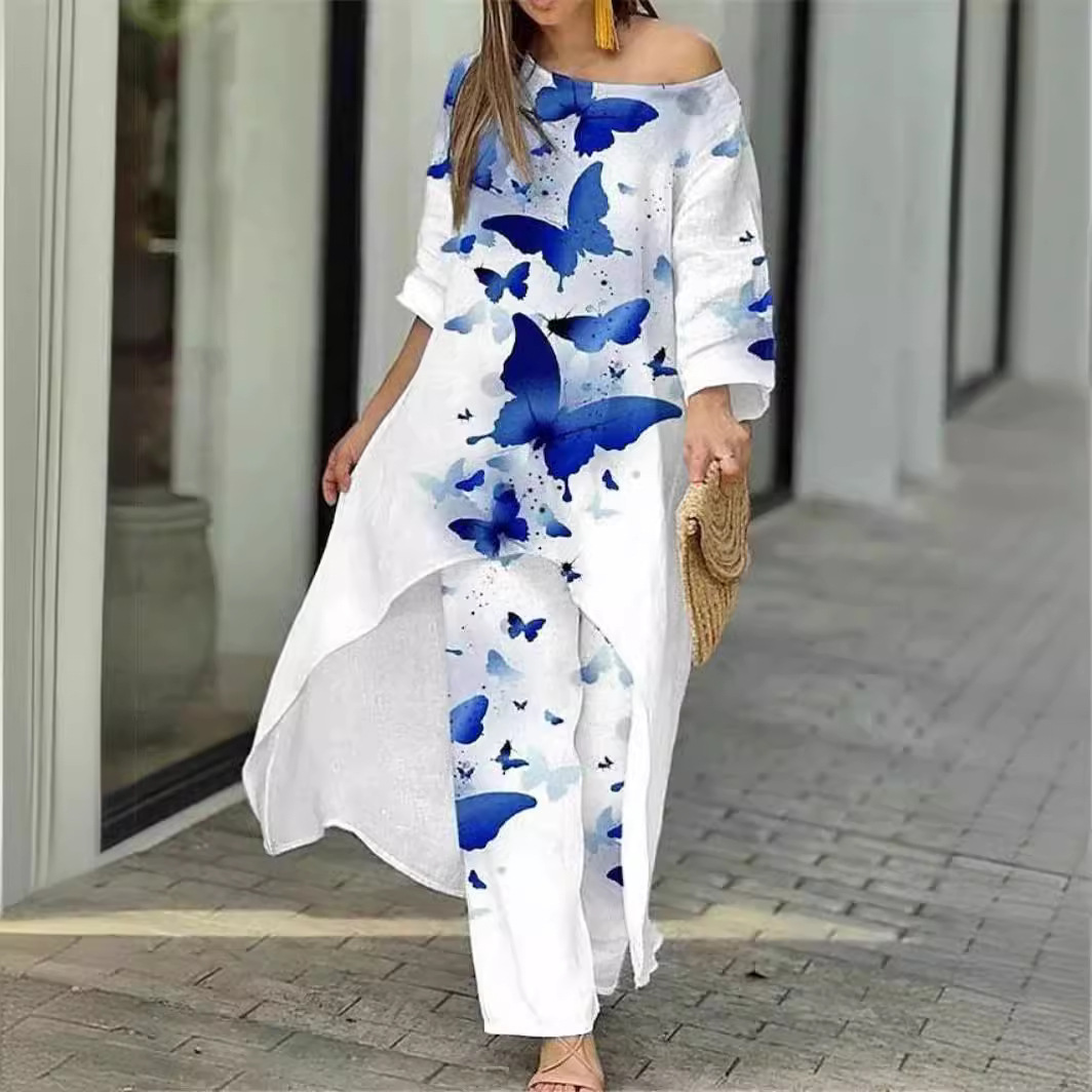 Women's Loose Plus Size Irregular Print Two-Piece Straight Pants Set