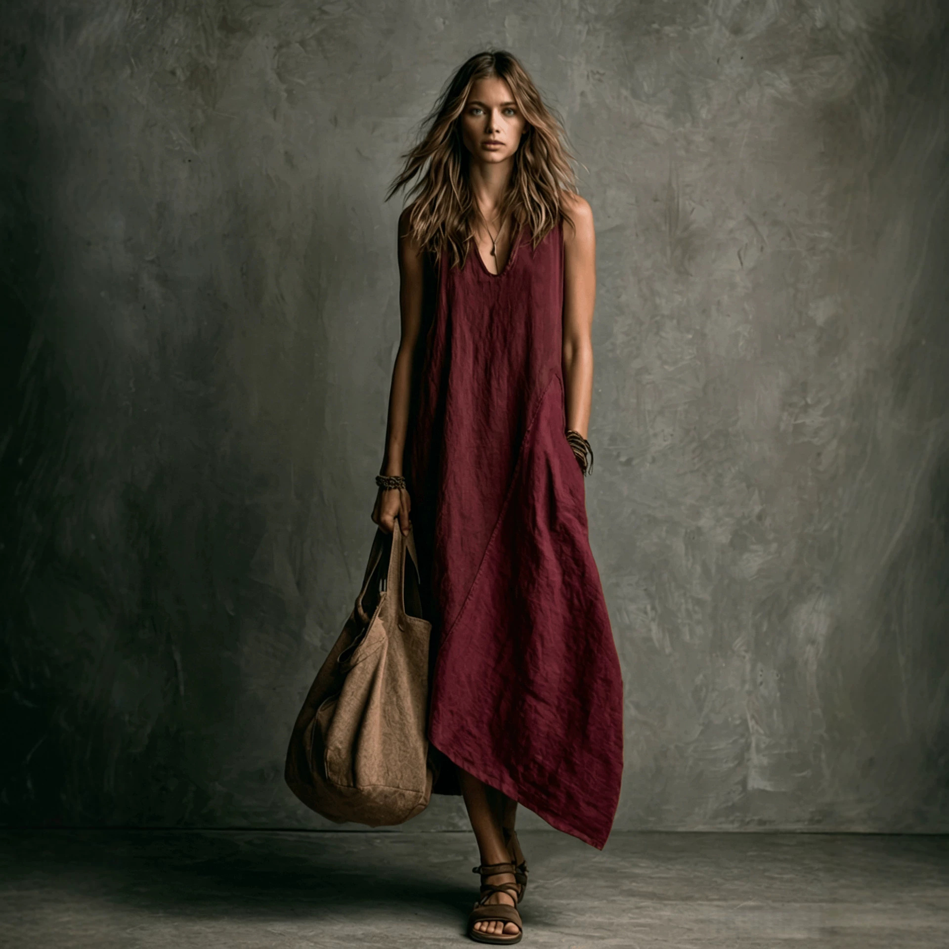Sleeveless Colorblock Midi Dress with Pockets Linen Blend Vacation Casual