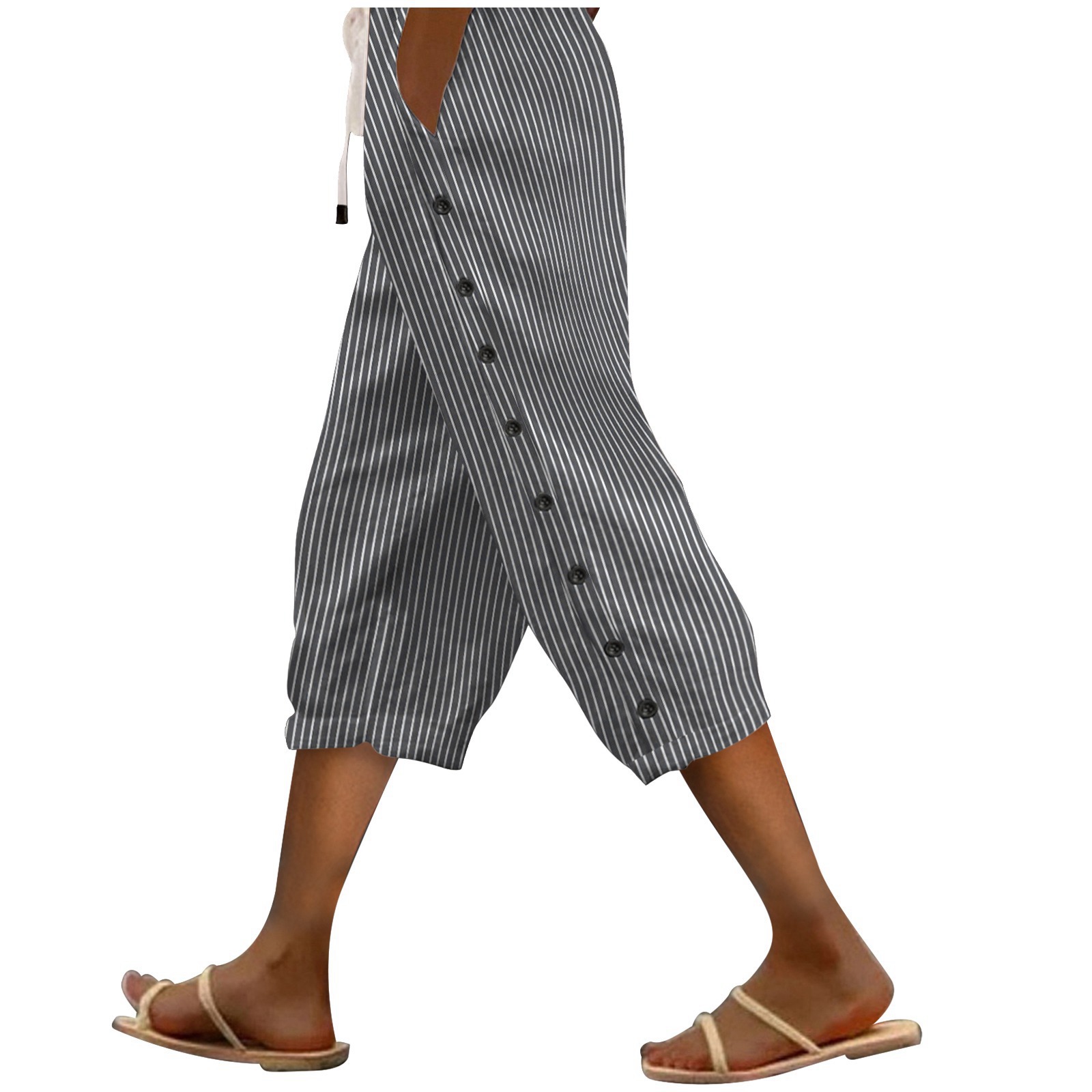 Women's Striped Side Button Wide Leg Capri Pants Elastic Waist