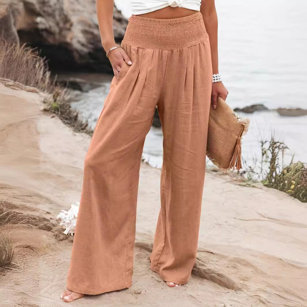 Women's Casual Cotton Distressed Mid-Rise Wide-Leg Pants