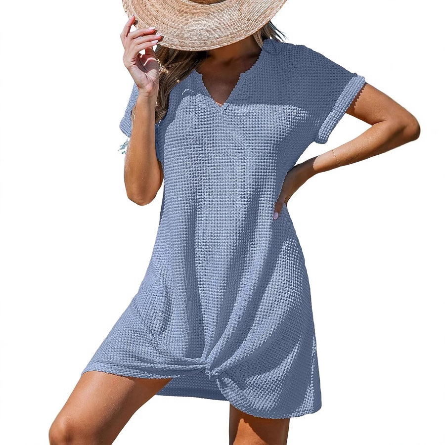 V-Neck Twist Cover-Up Dress Short Sleeve A-Line Beach Dress