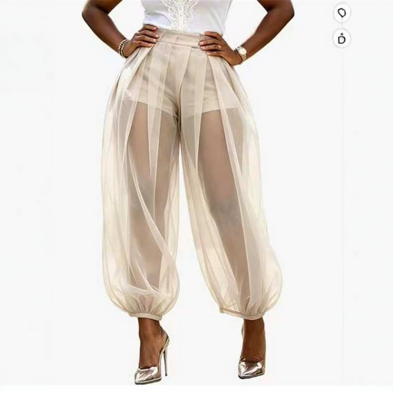 Sheer Mesh Solid Color Loose Lantern Pants