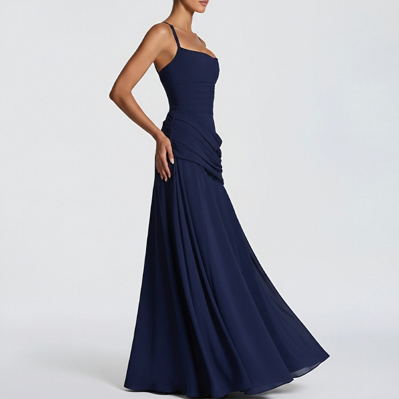 Elegant Solid Pleated Waist-Cinching Midi Dress