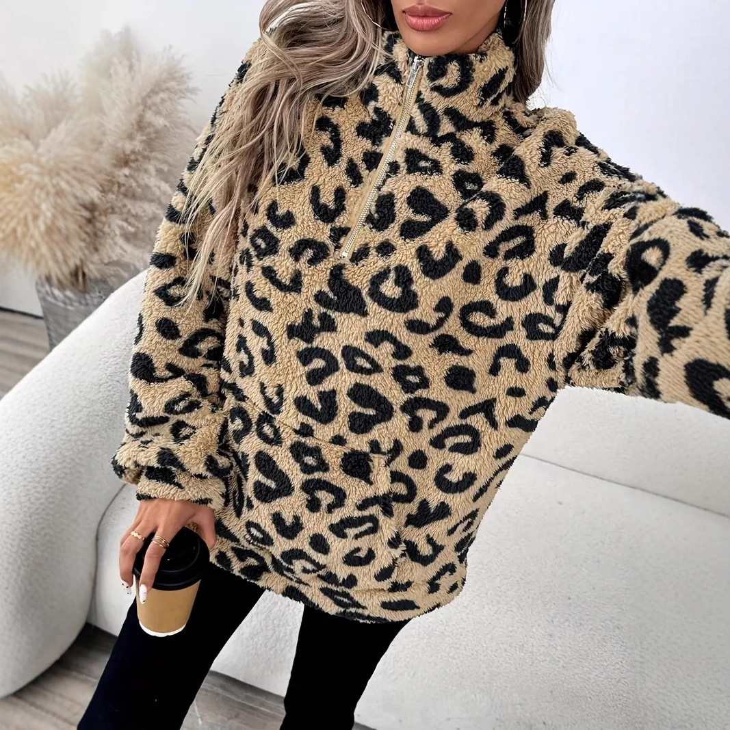 Women's Leopard Print Zip-Up Fleece Hoodie with Pockets