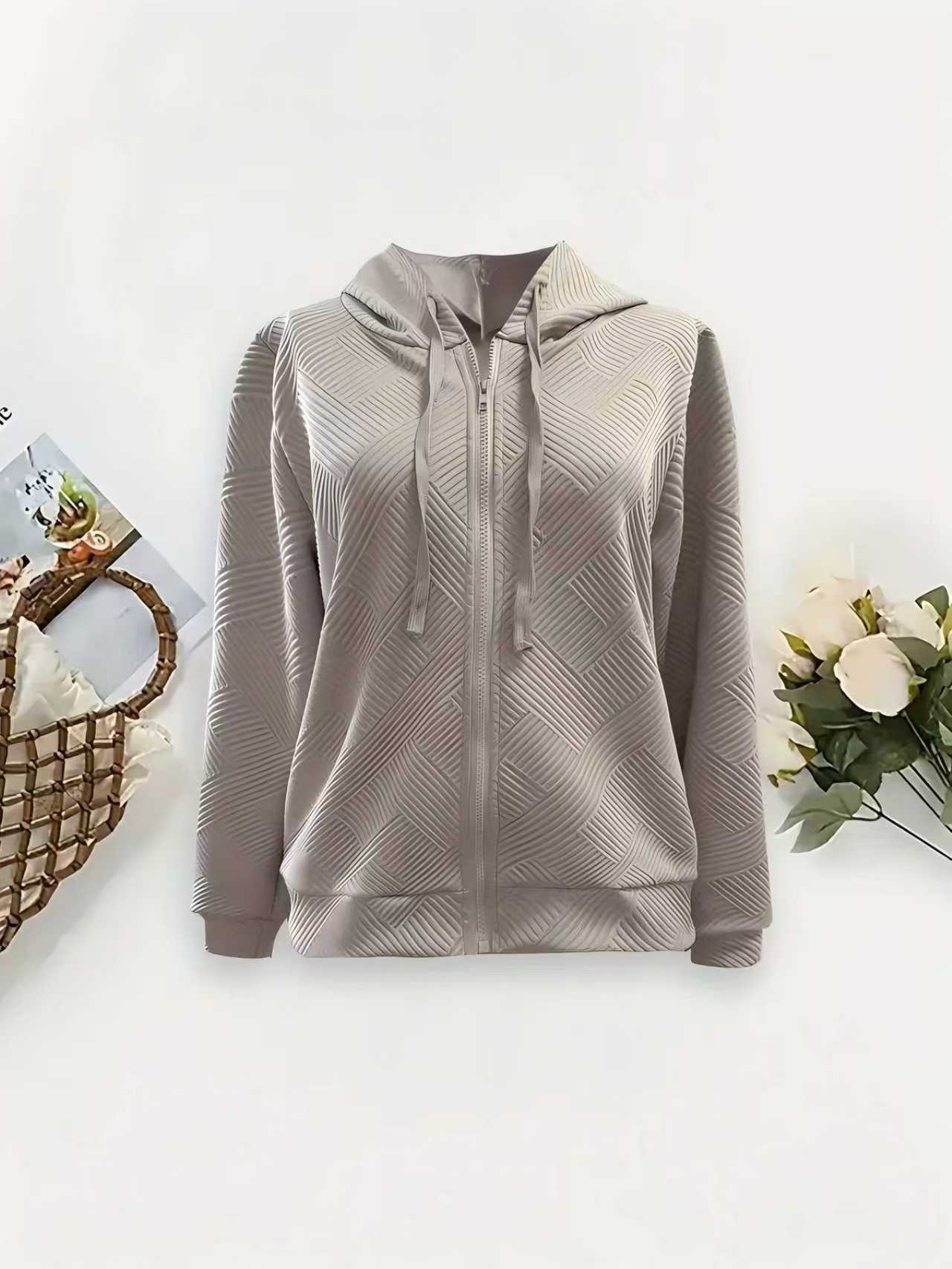 Jacquard Zip-Up Hooded Jacket for Women