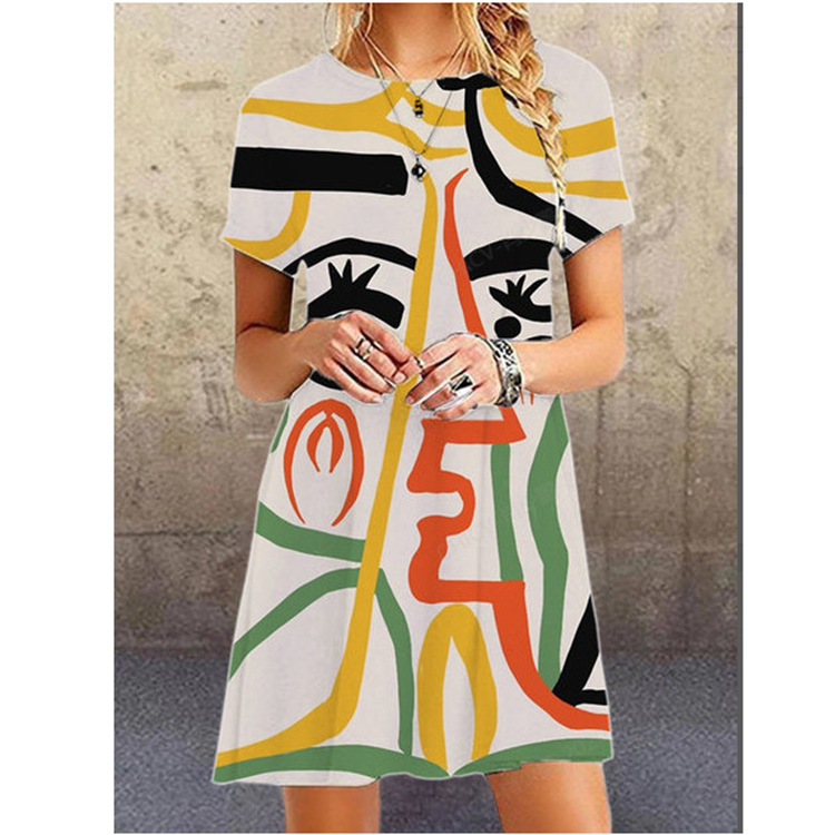 Abstract Face Print Puff Sleeve Mini Dress