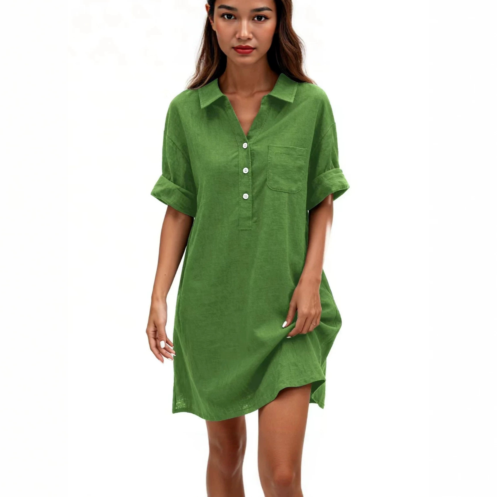 Women's Cotton Short Sleeve Midi Dress with Small Lapel Collar