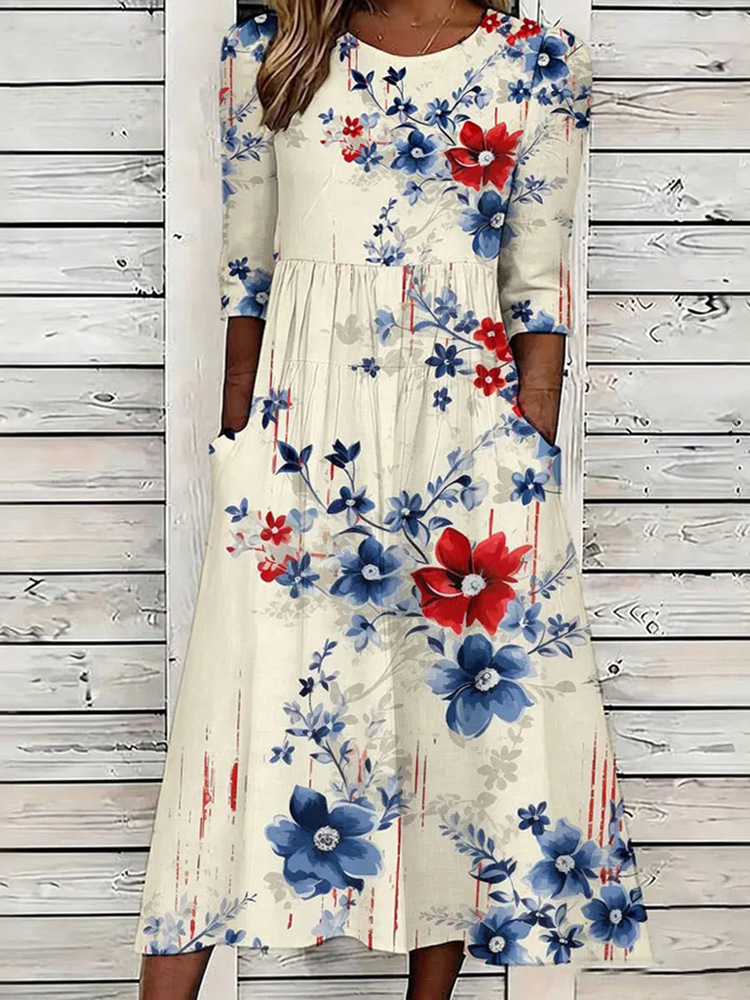 Women's Floral Print Ruched Bodycon Midi Dress Sleeveless Crew Neck