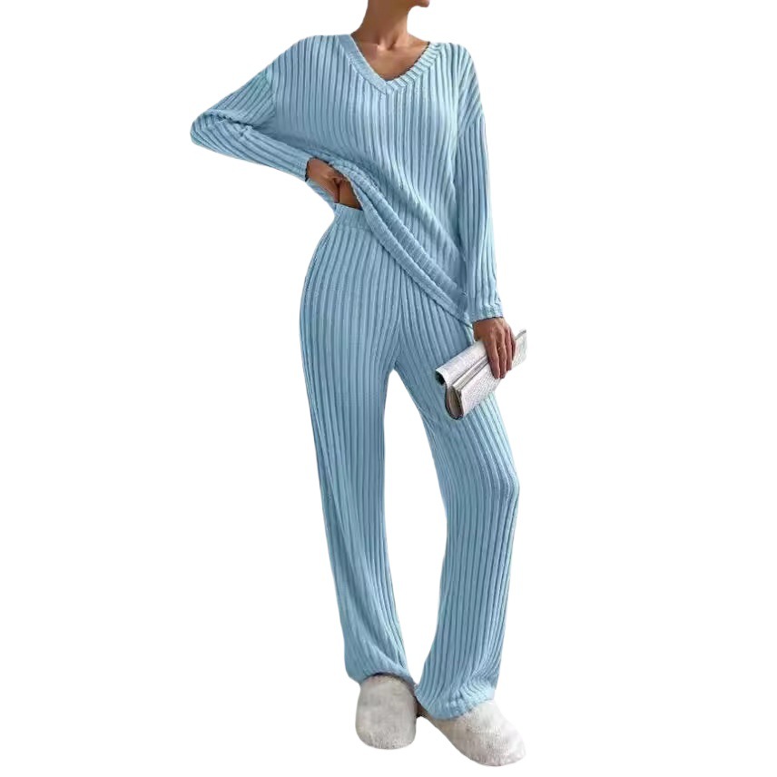 Women's Two-Piece Ribbed Knit Set V-Neck Top & Straight-Leg Pants