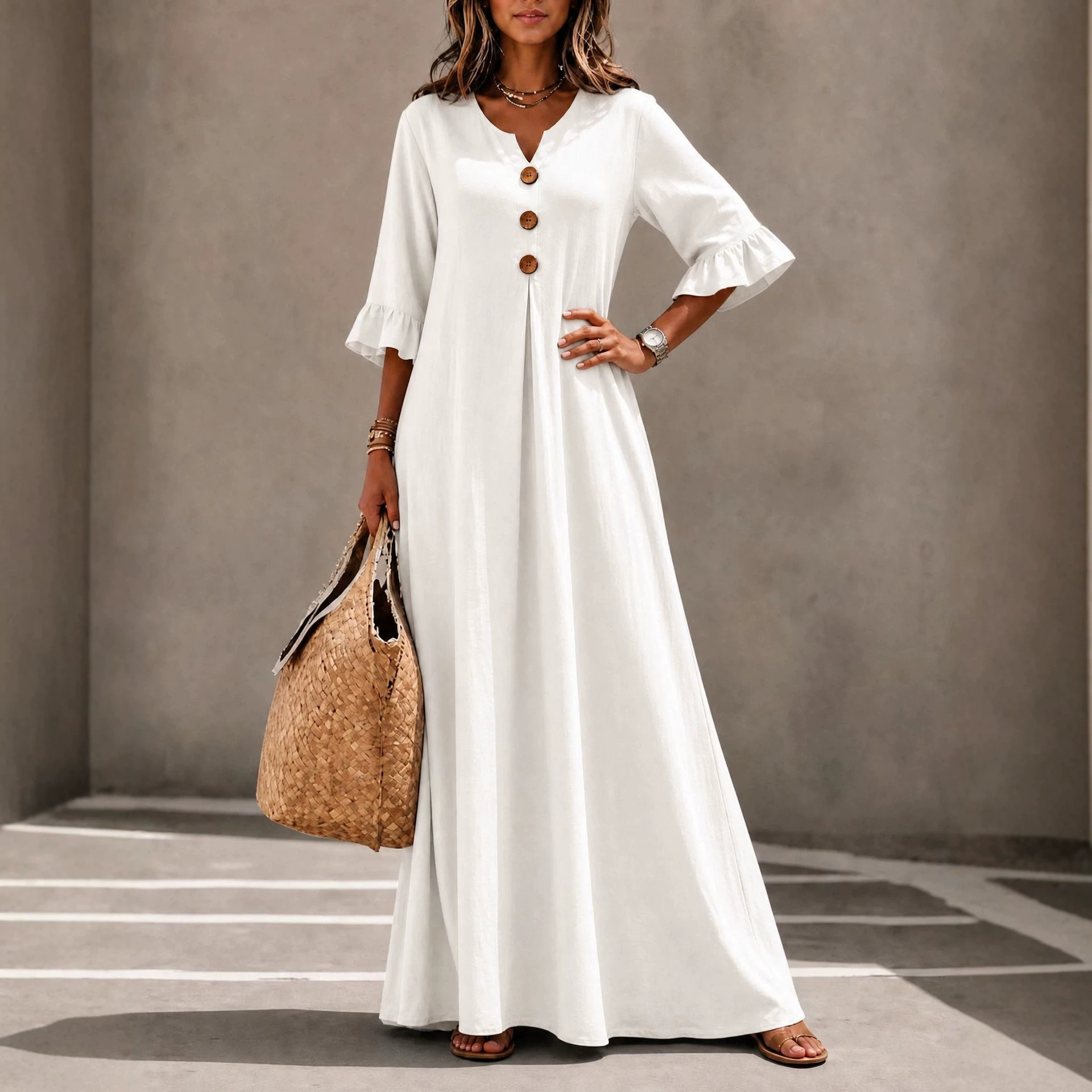Women's Solid V-Neck Wood Button Ruffle Sleeve Pocket Dress