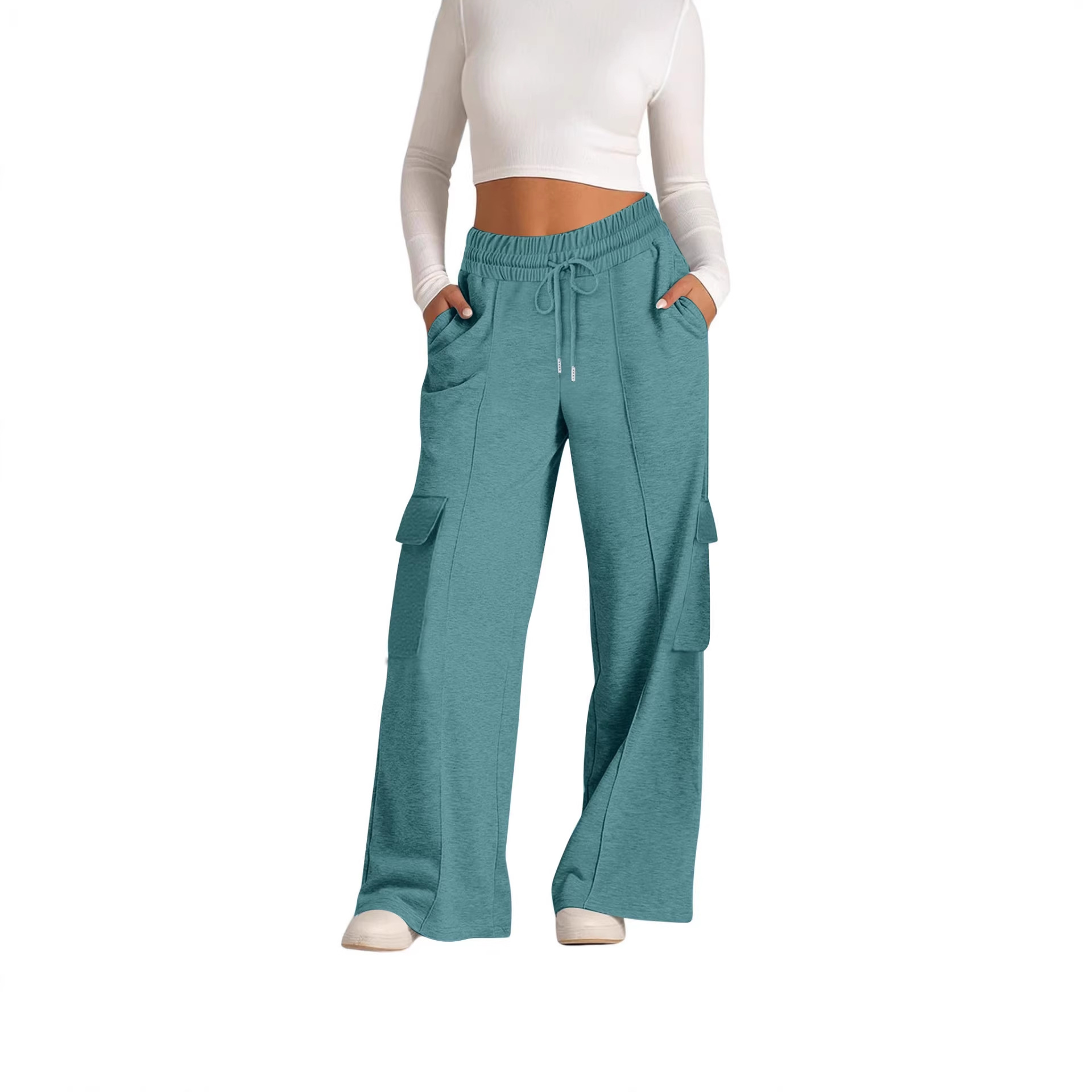 Women's Loose Wide-Leg Cargo Pants with Elastic Waist Drawstring Pockets