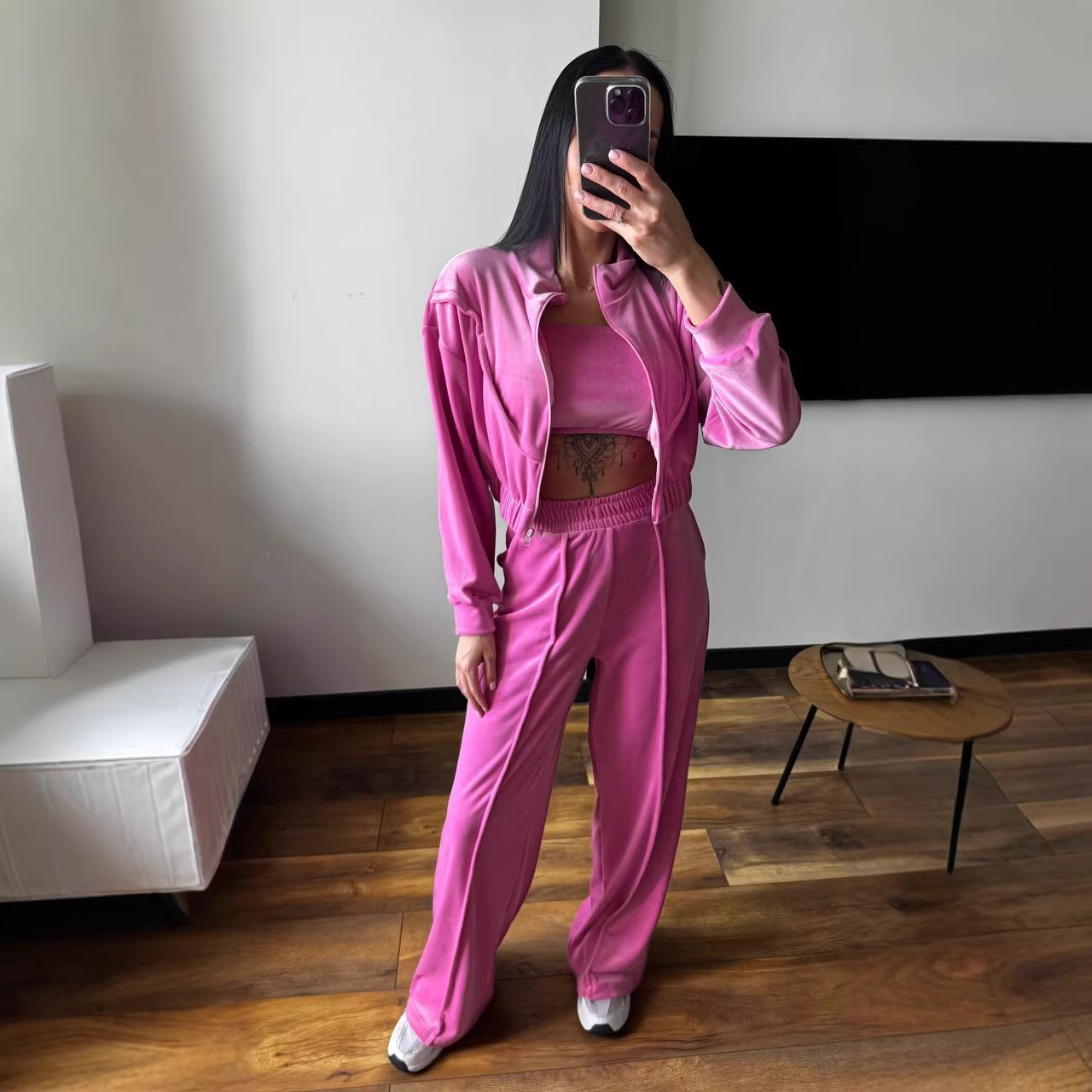 Women's Solid Velvet Stand-Collar Long-Sleeve Three-Piece Pants Set