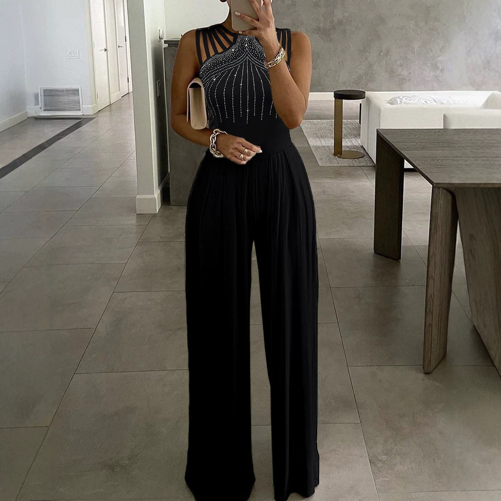 Women's Sleeveless Jumpsuit with Rhinestone Accents, Solid Color, Slim Fit, Long Pants