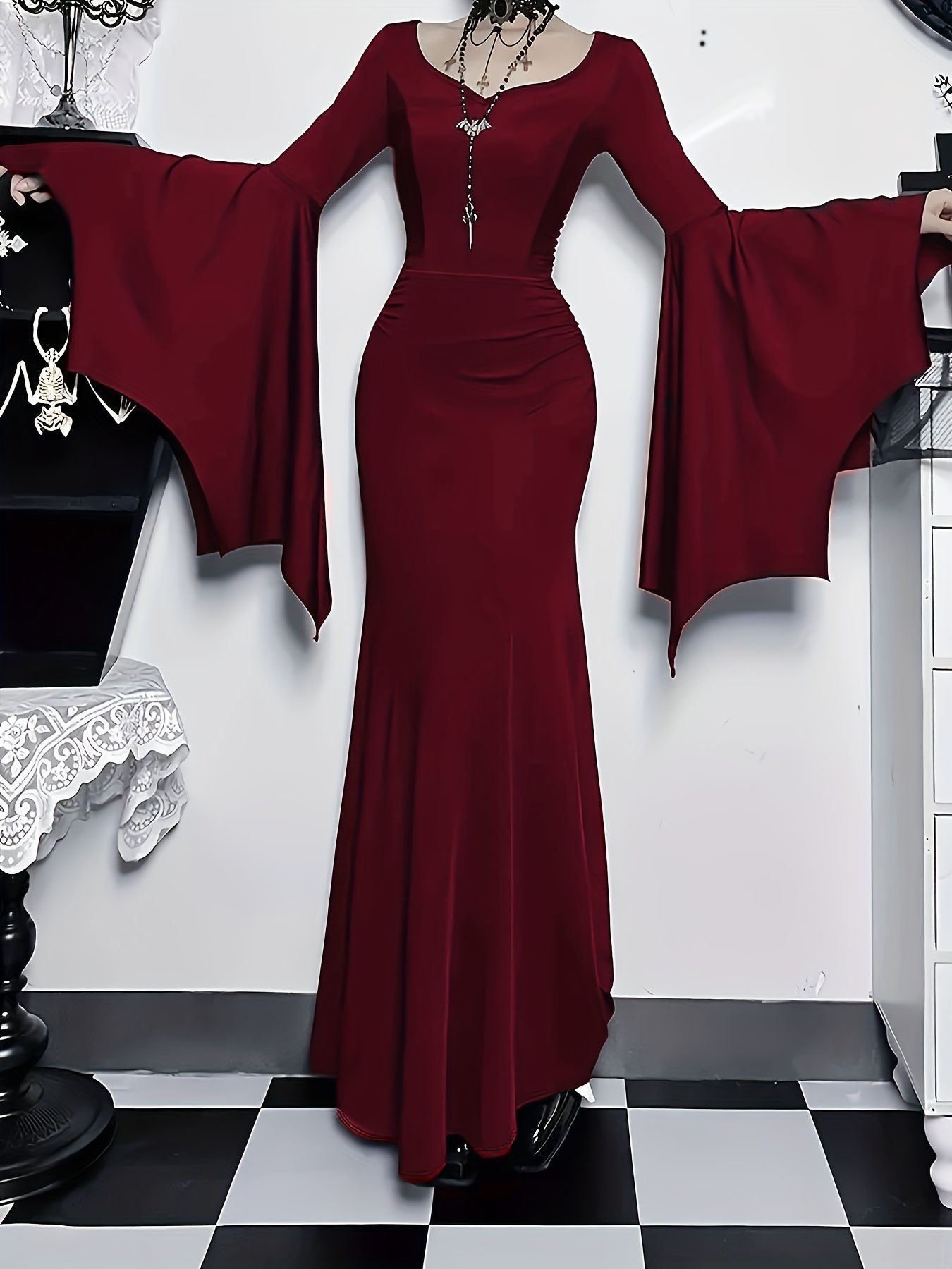 Gothic Bodycon Mermaid Dress with Batwing Sleeves