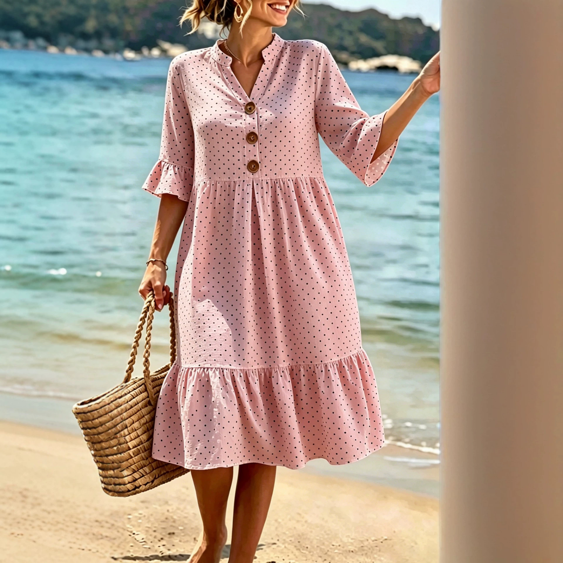 V-Neck Polka Dot Ruffle Sleeve Boho Vacation Dress