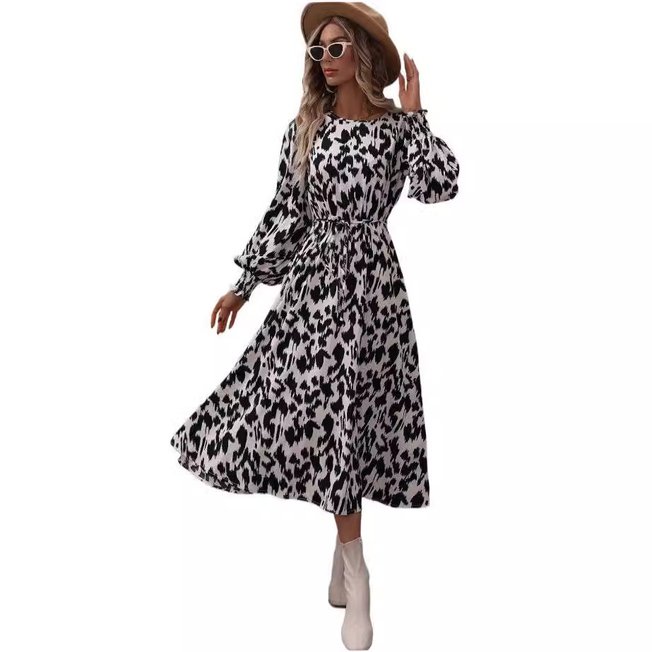 Leopard Print Tie-Waist Long Sleeve Maxi Dress
