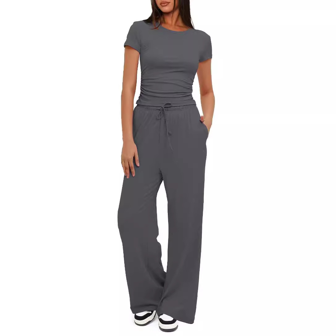 Solid Ruched Short Sleeve Top and High Waist Wide Leg Pants Set