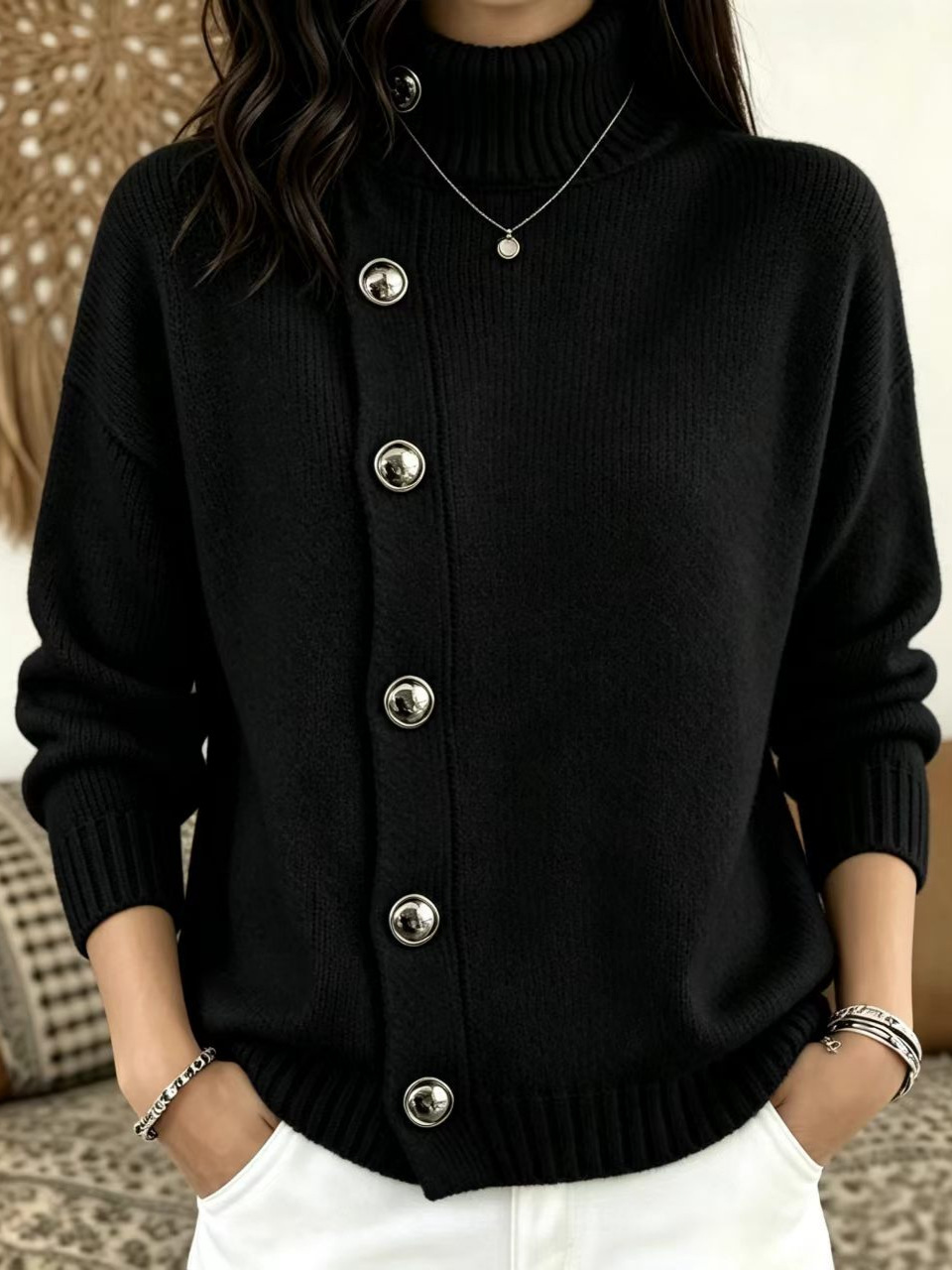 Metal Button Solid Color Loose Turtleneck Sweater