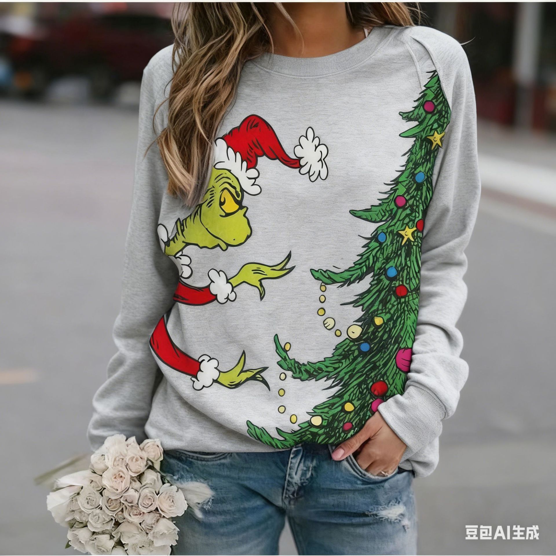 Women's Christmas Tree Grinch Reindeer Print Crewneck Sweatshirt