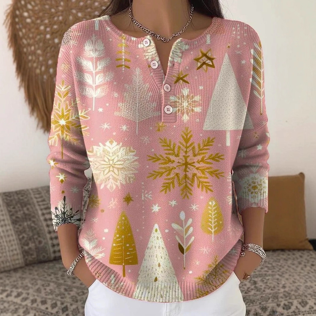 Women's Christmas Animal Lantern Print Button Sweatshirt