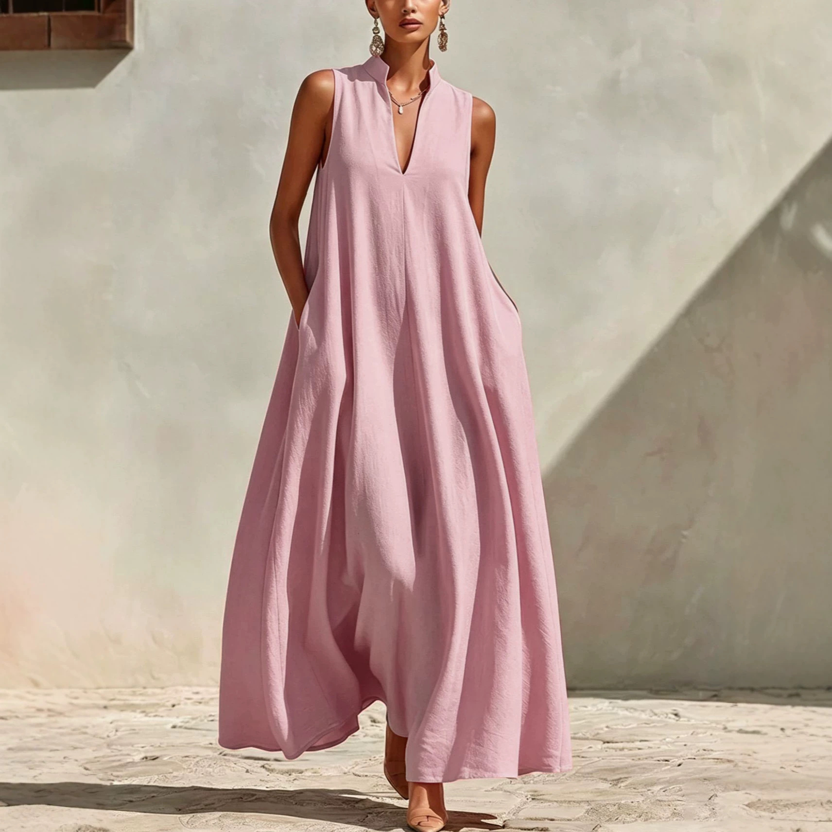Women's Stand Collar Sleeveless A-Line Maxi Dress Loose Fit Vacation