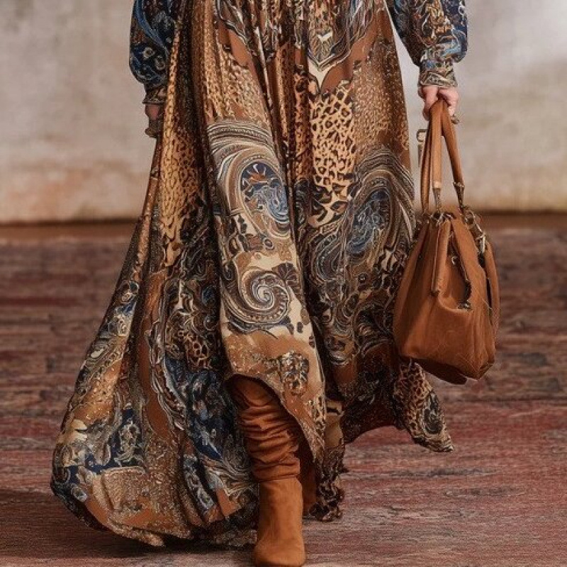 Bohemian Floral Print Long Sleeve Lantern Sleeve Maxi Dress