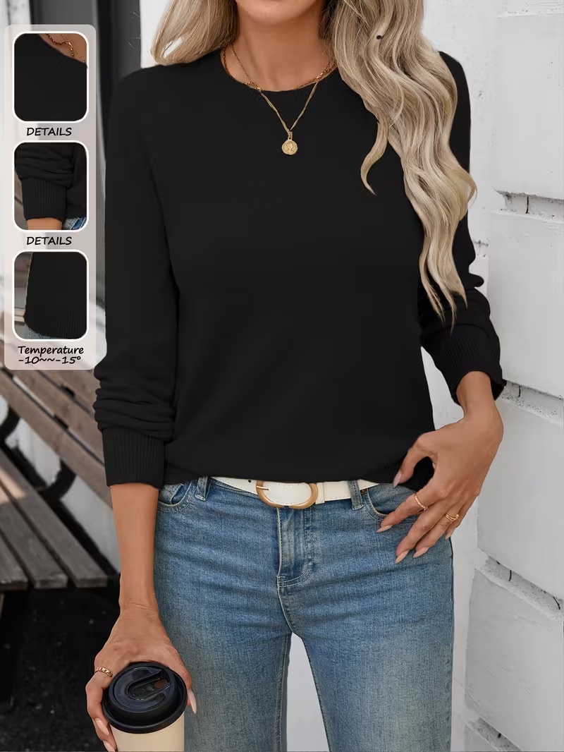 Women's Soft Stretch Crewneck Long-Sleeve Knit Top Solid Color