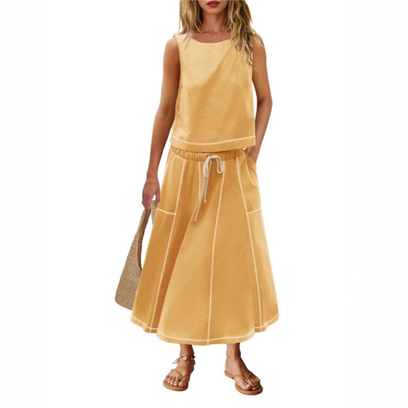 Women's Sleeveless Tank Top and Midi Skirt Two-Piece Set Colorblock