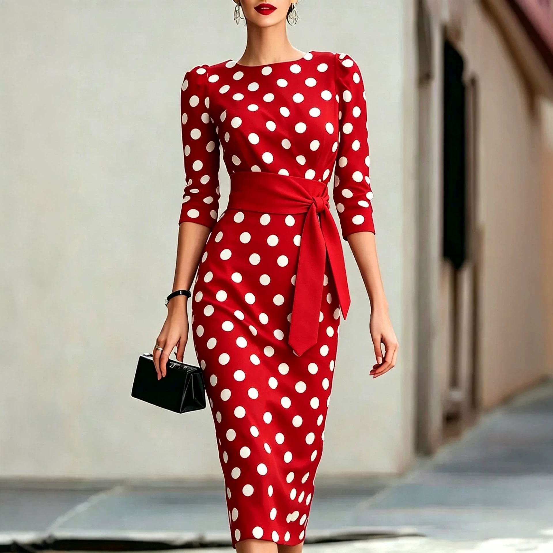 Color-Block Polka Dot Belted Slim Fit Long Sleeve Dress