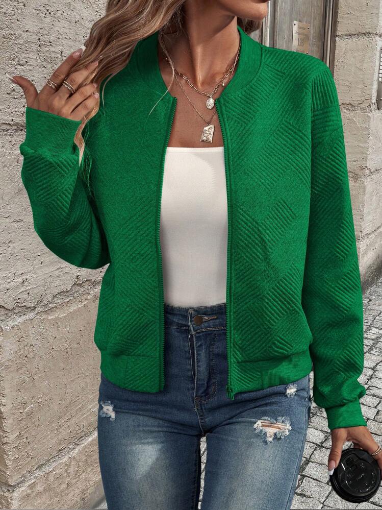 Women's Solid Zip-Up Bomber Jacket Crew Neck Windproof Casual