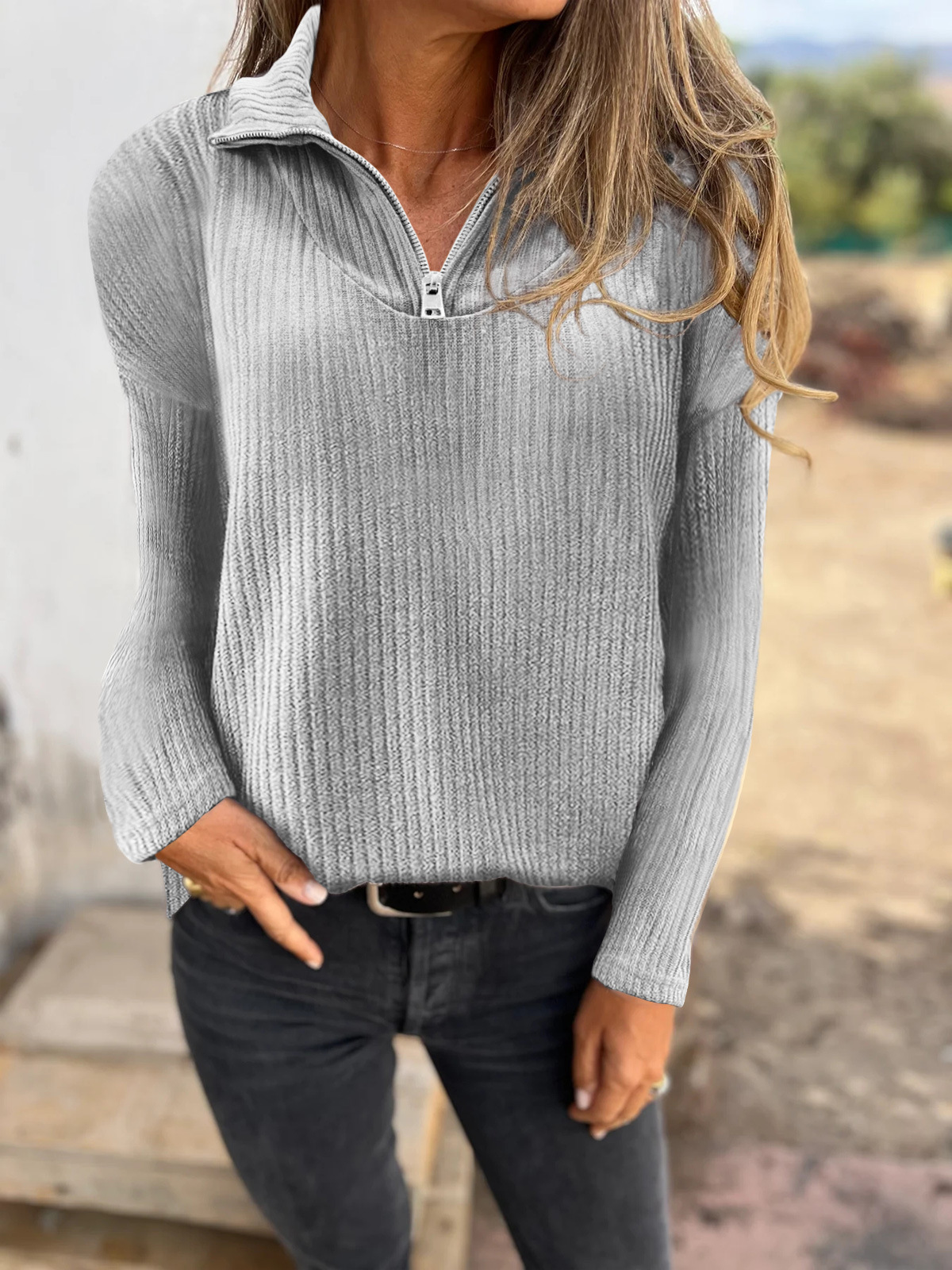 Women's Zip-Up Long-Sleeve Knit Sweater Casual Pullover