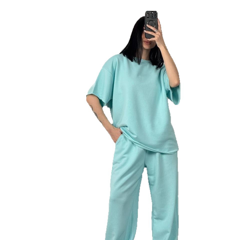 Women's Two-Piece T-Shirt and Pants Set Crew Neck Short Sleeve Macaron Colors