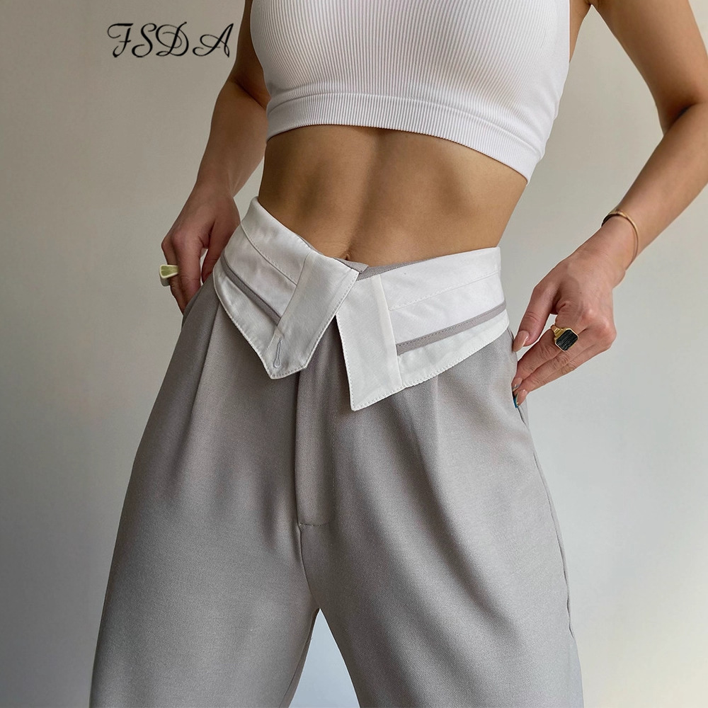 Women's High-Waist Wide-Leg Straight Pants with Fold-Over Waistband